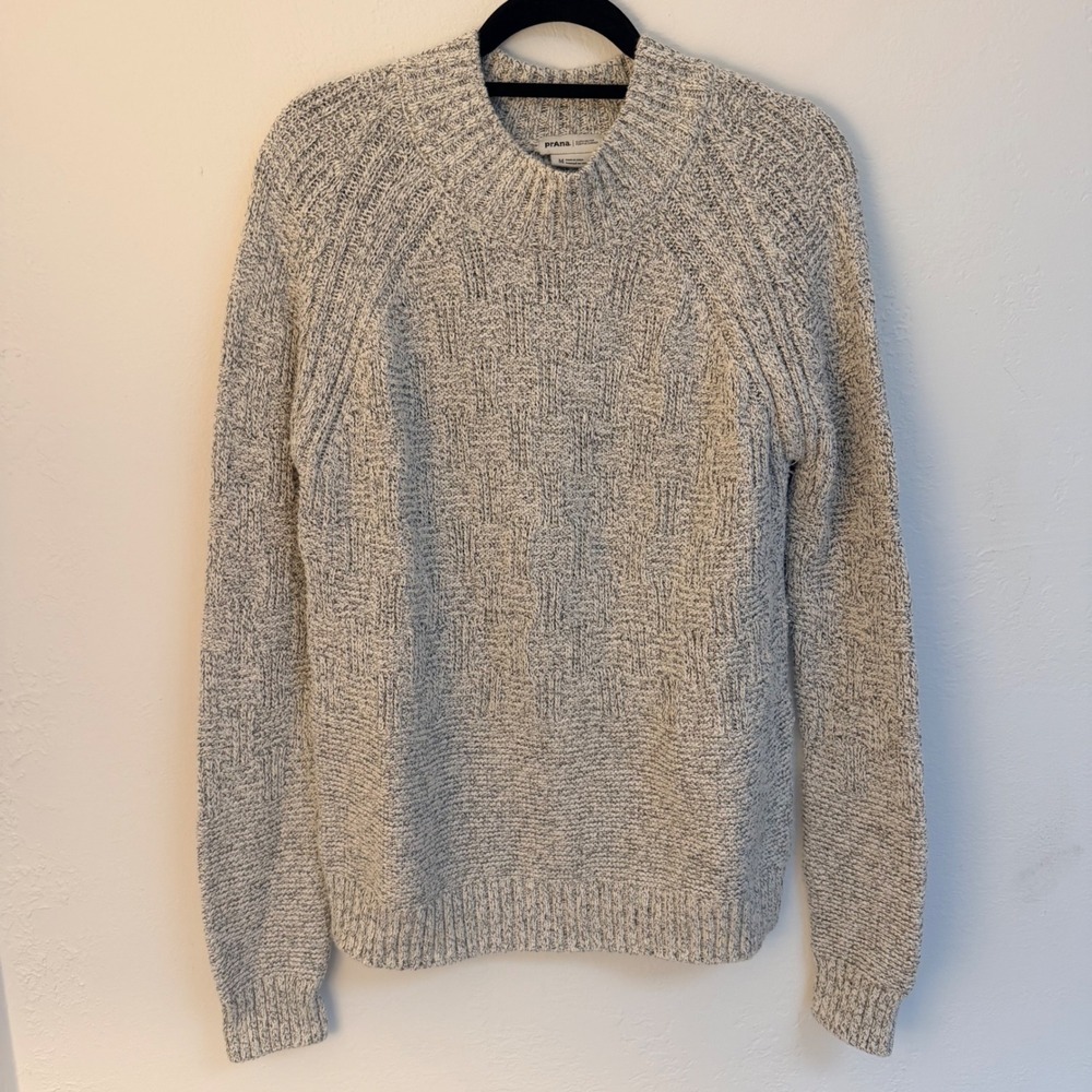 prAna Womens M Recycled Cotton Textured Basketweave Marl Knit Sweater Grey